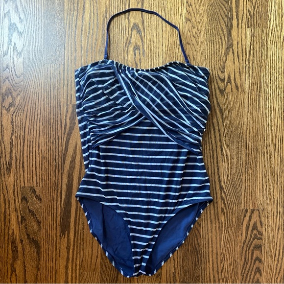 J. Crew Striped One Piece Swimsuit Ruched Sz 10 Bandeau Removeable Strap Barbie - Picture 1 of 10